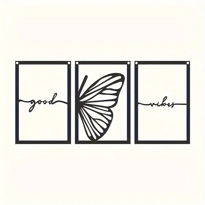 Good Vibes Butterfly Wings Black Metal Wall Art 3D Sculpted Iron Plaque Wall Decoration Modern Art For Living Room Dining Room - Set of 3Pcs