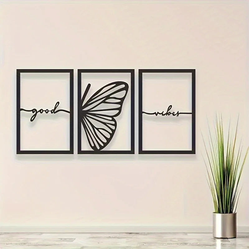 Good Vibes Butterfly Wings Black Metal Wall Art 3D Sculpted Iron Plaque Wall Decoration Modern Art For Living Room Dining Room - Set of 3Pcs