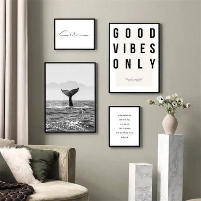 Good Vibes Only Black White Whale Wall Art Canvas Prints For Modern Living Room