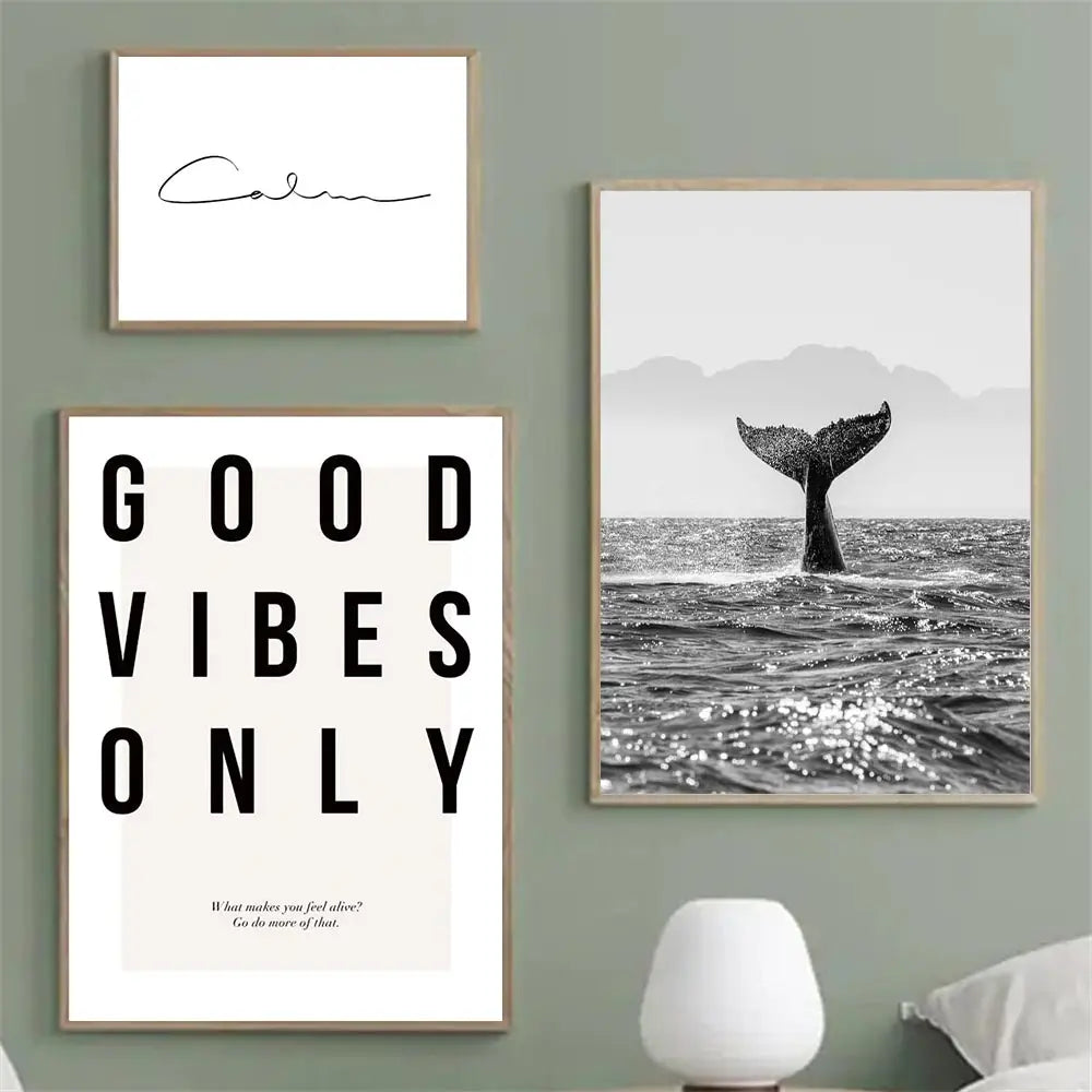 Good Vibes Only Black White Whale Wall Art Canvas Prints For Modern Living Room