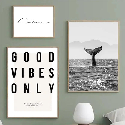 Good Vibes Only Black White Whale Wall Art Canvas Prints For Modern Living Room