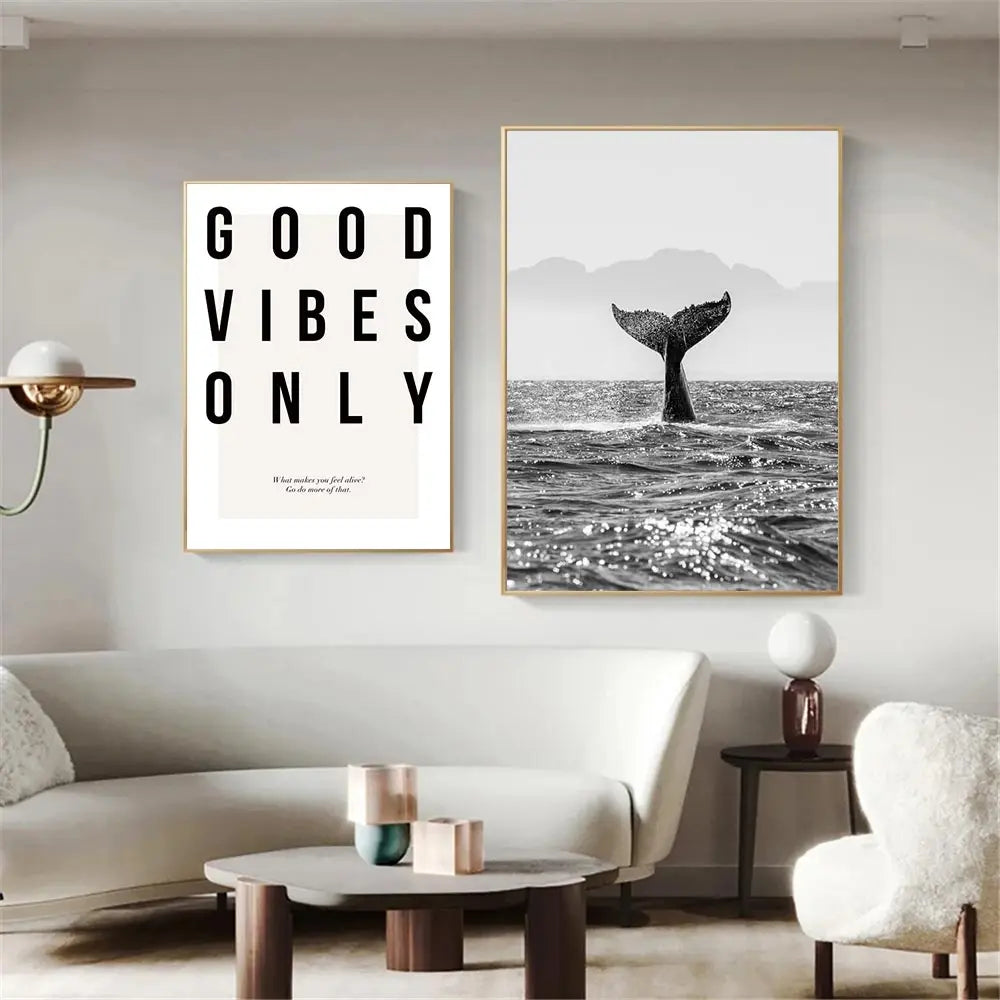 Good Vibes Only Black White Whale Wall Art Canvas Prints For Modern Living Room