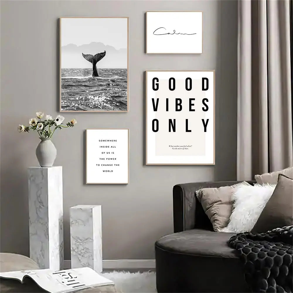 Good Vibes Only Black White Whale Wall Art Canvas Prints For Modern Living Room