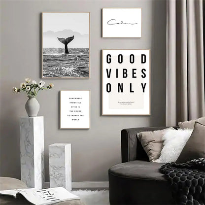 Good Vibes Only Black White Whale Wall Art Canvas Prints For Modern Living Room