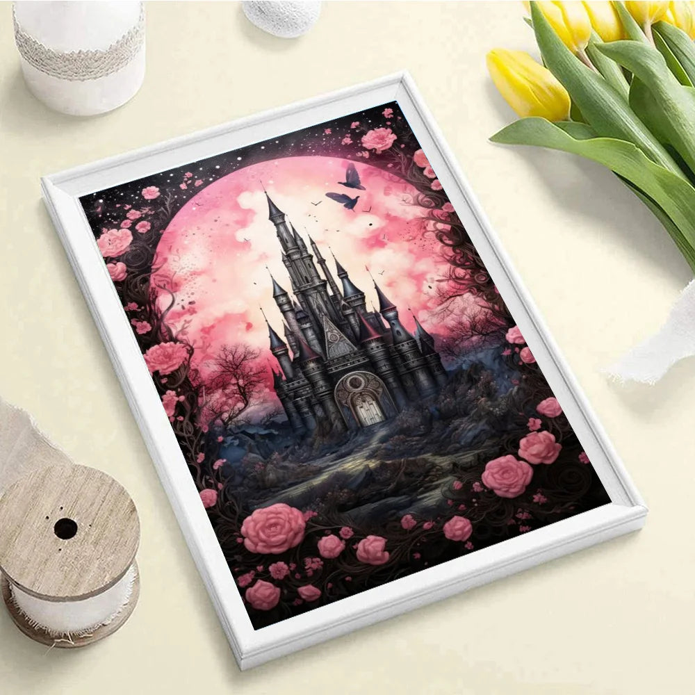 Gothic Retro Dark Academia Pink Flower Raven Castle Witchery Canvas Print Wall Art For Modern Moody Living Room Girl Bedroom