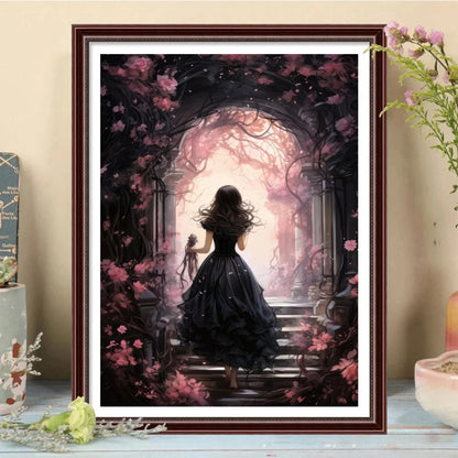 Gothic Retro Dark Academia Pink Flower Raven Castle Witchery Canvas Print Wall Art For Modern Moody Living Room Girl Bedroom