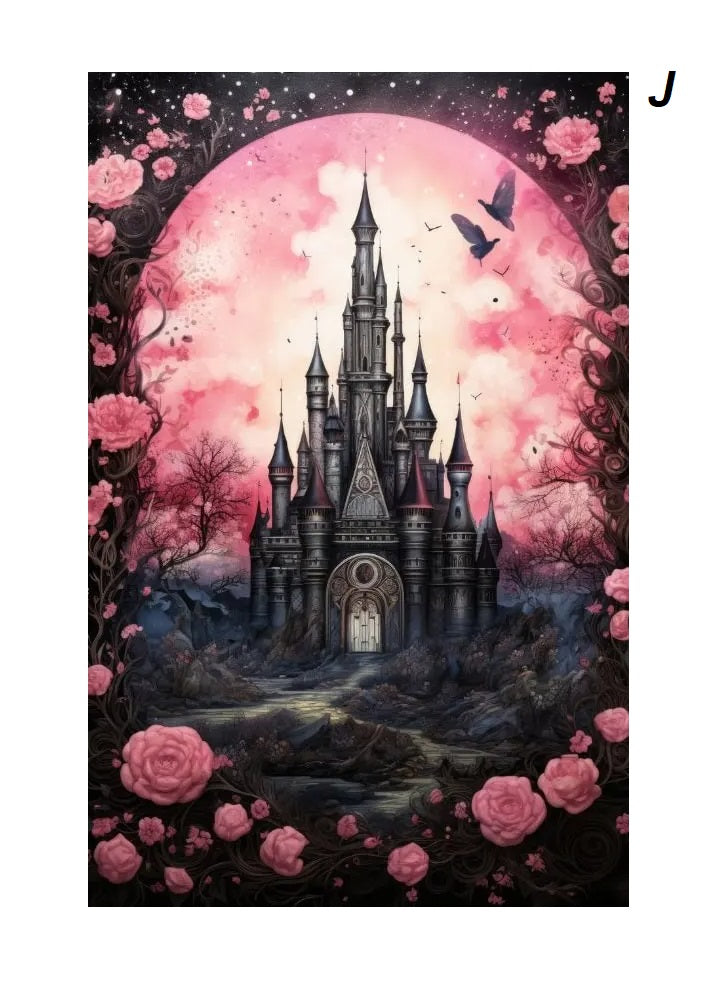 Gothic Retro Dark Academia Pink Flower Raven Castle Witchery Canvas Print Wall Art For Modern Moody Living Room Girl Bedroom