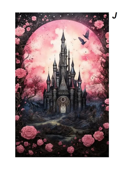 Gothic Retro Dark Academia Pink Flower Raven Castle Witchery Canvas Print Wall Art For Modern Moody Living Room Girl Bedroom