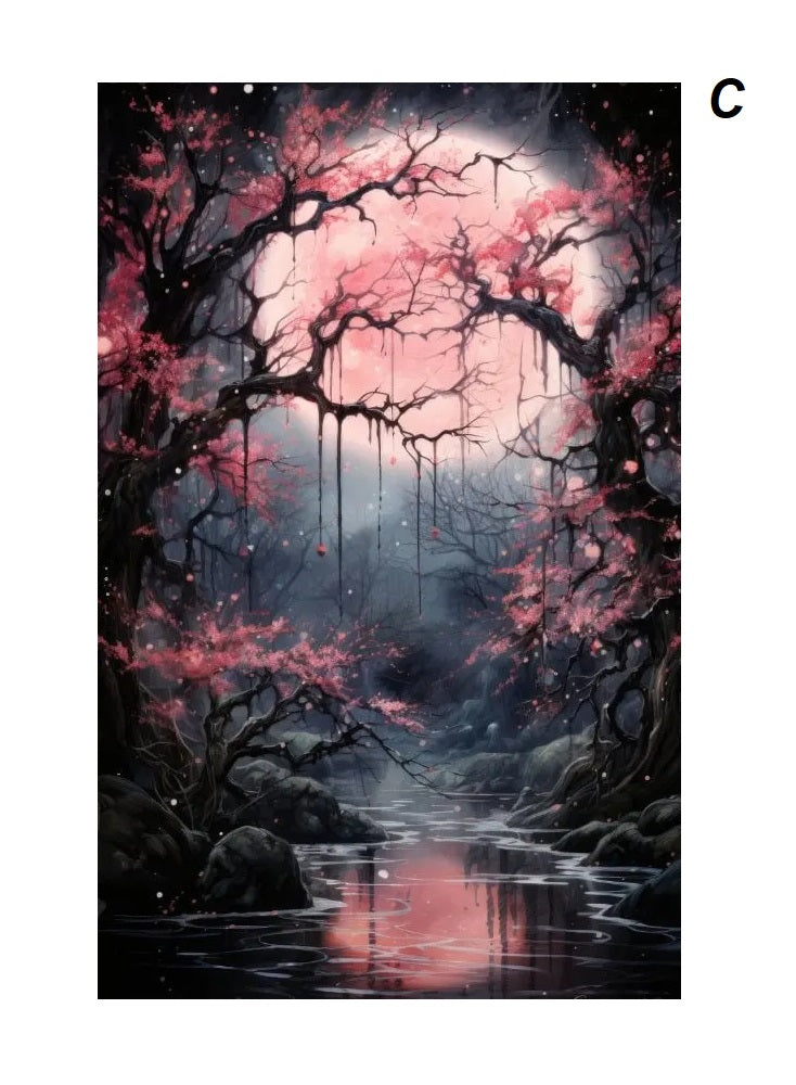 Gothic Retro Dark Academia Pink Flower Raven Castle Witchery Canvas Print Wall Art For Modern Moody Living Room Girl Bedroom