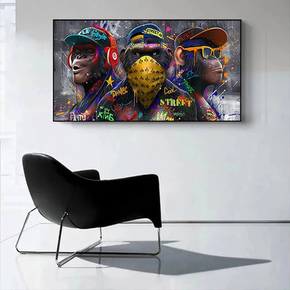 Graffiti Three Monkey Pop Wall Art Canvas Print For Modern Teen Room Office Décor