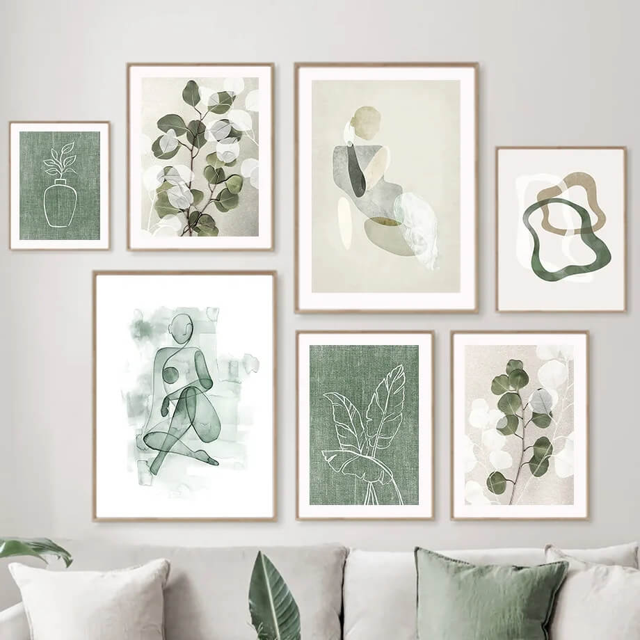 Gray Green Abstract Line Leaves Wall Art Minimalist Boho Canvas Print Nordic Poster For Modern Living Room Apartment Décor