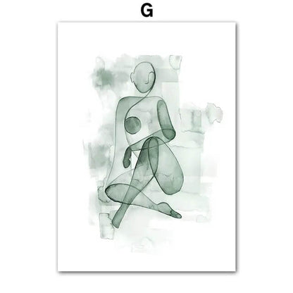 Gray Green Abstract Line Leaves Wall Art Minimalist Boho Canvas Print Nordic Poster For Modern Living Room Apartment Décor