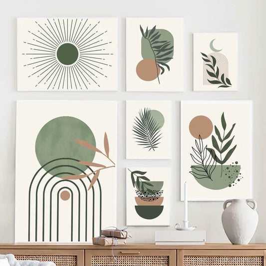 Green Palm Leaves Sun Bohemian Wall Art Abstract Minimalist Canvas Print Nordic Neutral Poster For Living Room Dining Room Home Décor