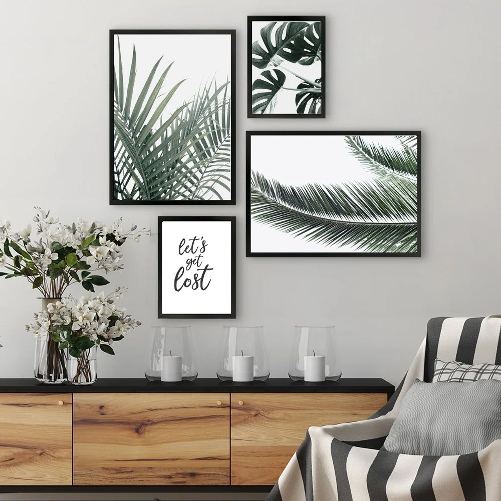 Green Tropical Leaves Canvas Prints Nordic Minimalist Wall Art Botanical Gallery Wall Art Set Of 4 Posters For Modern Scandinavian Living Room Wall Decor