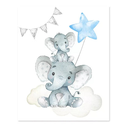 Cute Personalized Baby's Name Wall Art Canvas Prints For Nursery Room Baby Elephant Moon & Stars Posters For Kid's Room Decor