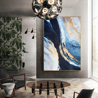 Abstract Blue Golden Marble Wall Art Canvas Prints Modern Poster For Living Room Dining Room Office Wall Decor