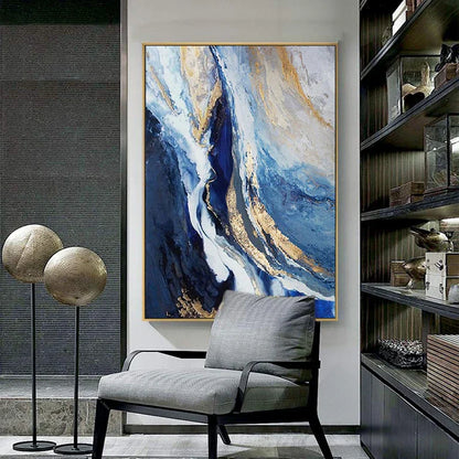 Abstract Blue Golden Marble Wall Art Canvas Prints Modern Poster For Living Room Dining Room Office Wall Decor