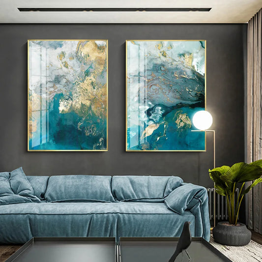 Abstract Aqua Blue Jade Golden Liquid Marble Wall Art Fine Art Canvas Prints For Luxury Living Room Art Decor