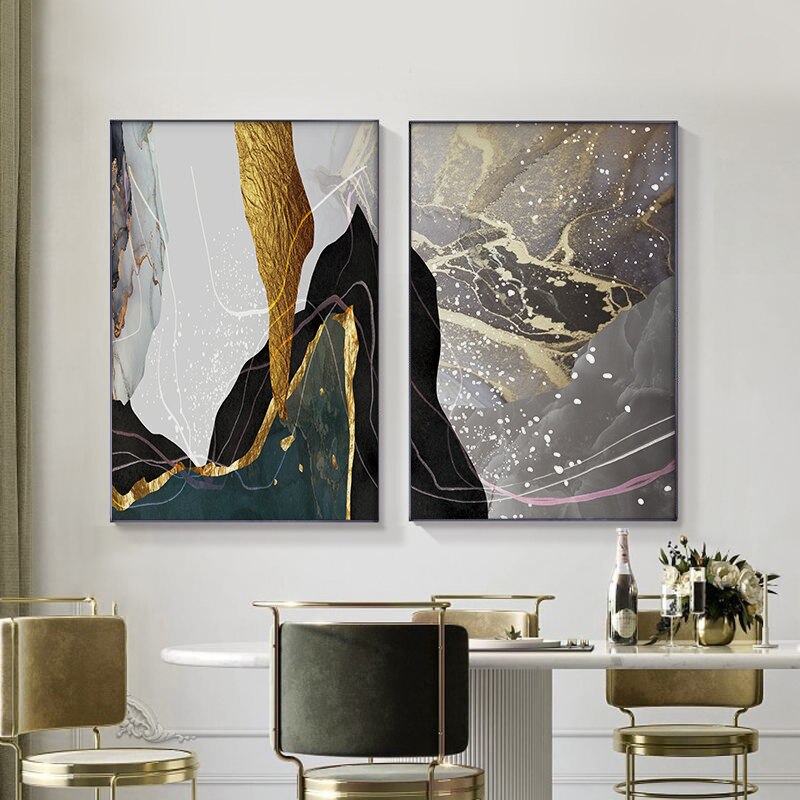 Abstract Liquid Marble Golden Gray Wall Art Canvas Prints For Modern Living Room Dining Room Home Office Decor
