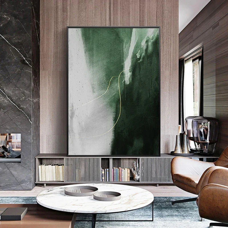 Green Gray Golden Seam Geomorphic Abstract Wall Art Canvas Prints For Modern Apartment Living Room Dining Room Home Office