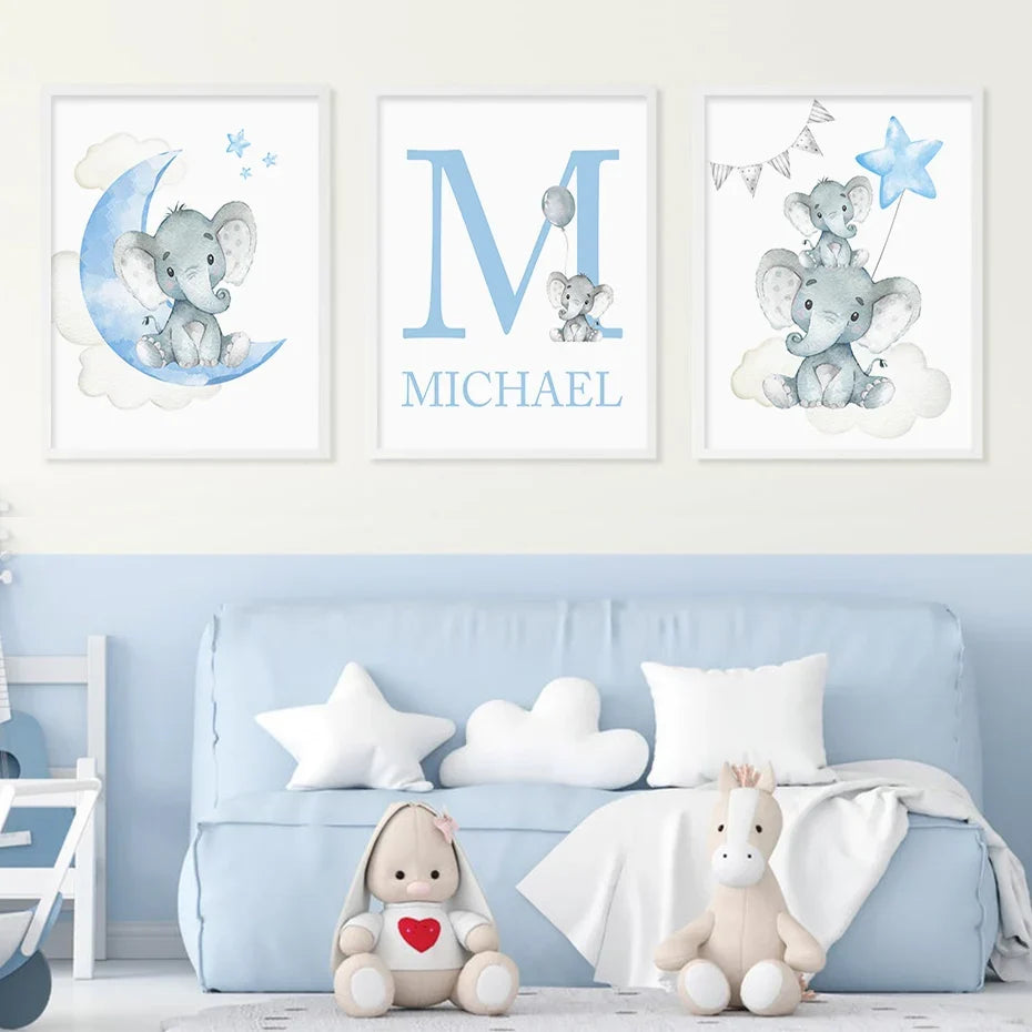 Cute Personalized Baby's Name Wall Art Canvas Prints For Nursery Room Baby Elephant Moon & Stars Posters For Kid's Room Decor