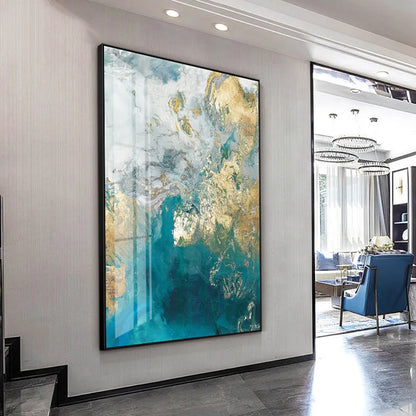 Abstract Aqua Blue Jade Golden Liquid Marble Wall Art Fine Art Canvas Prints For Luxury Living Room Art Decor