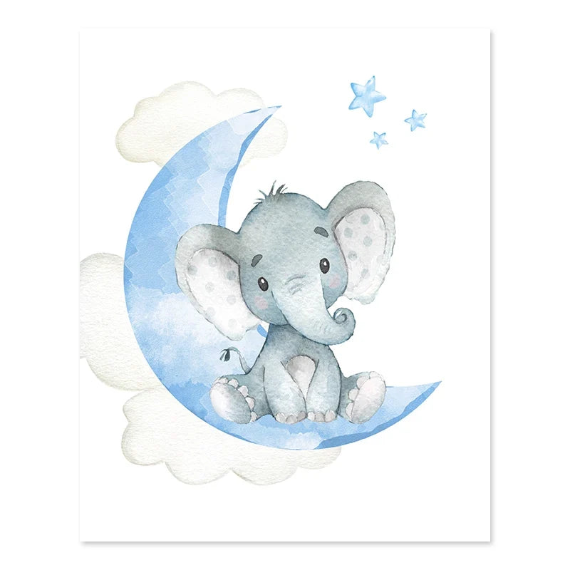Watercolor art print featuring a cute baby elephant sitting on a crescent moon with clouds and stars, set against a white background.