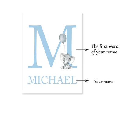 Cute Personalized Baby's Name Wall Art Canvas Prints For Nursery Room Baby Elephant Moon & Stars Posters For Kid's Room Decor