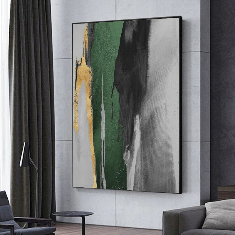Green Gray Golden Seam Geomorphic Abstract Wall Art Canvas Prints For Modern Apartment Living Room Dining Room Home Office