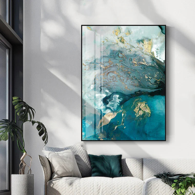 Abstract Aqua Blue Jade Golden Liquid Marble Wall Art Fine Art Canvas Prints For Luxury Living Room Art Decor