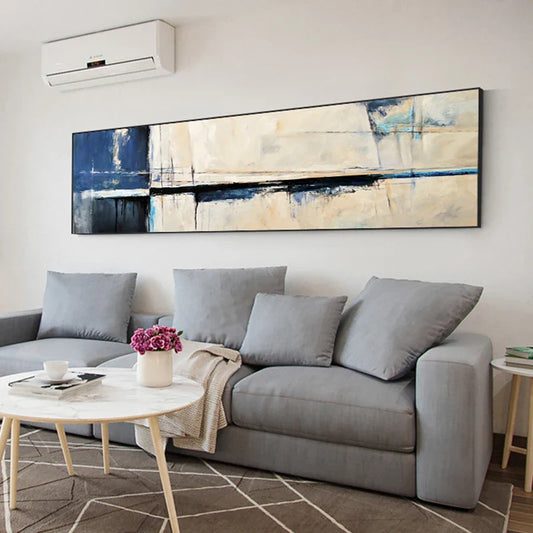 Modern Blue Beige Wide Format Vintage Abstract Wall Art Canvas Print For Living Room Above The Sofa Wall Art