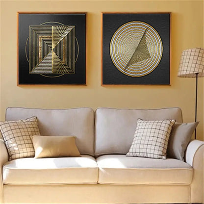 Black Golden Spherical Abstract Geometric Wall Art Canvas Prints Modern Aesthetics Square Format Poster For Living Room Home Office Decor