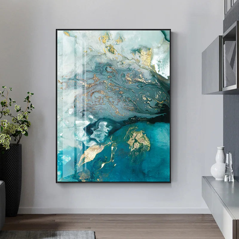 Abstract Aqua Blue Jade Golden Liquid Marble Wall Art Fine Art Canvas Prints For Luxury Living Room Art Decor