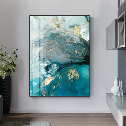 Abstract Aqua Blue Jade Golden Liquid Marble Wall Art Fine Art Canvas Prints For Luxury Living Room Art Decor