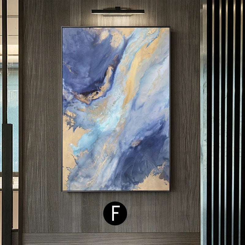 Abstract Blue Golden Marble Wall Art Canvas Prints Modern Poster For Living Room Dining Room Office Wall Decor