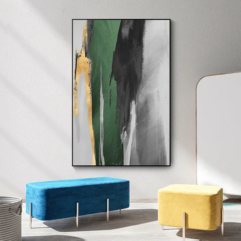 Green Gray Golden Seam Geomorphic Abstract Wall Art Canvas Prints For Modern Apartment Living Room Dining Room Home Office
