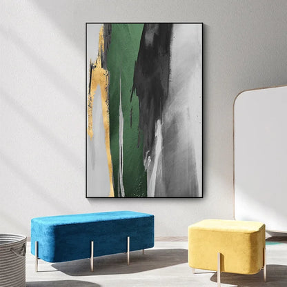 Green Gray Golden Seam Geomorphic Abstract Wall Art Canvas Prints For Modern Apartment Living Room Dining Room Home Office