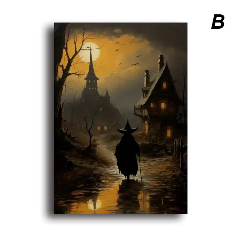 Halloween Dark Castle Gothic Witch Canvas Artwork Witchy Aesthetic Canvas Décor For Moody Mystical Living Room