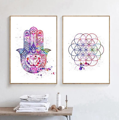 Hamsa Flower Mandala Yoga Canvas Prints Art Abstract Pink Fine Art Painting For Minimalist Modern Room Décor