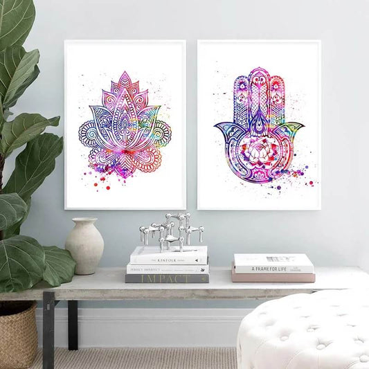 Hamsa Flower Mandala Yoga Canvas Prints Art Abstract Pink Fine Art Painting For Minimalist Modern Room Décor