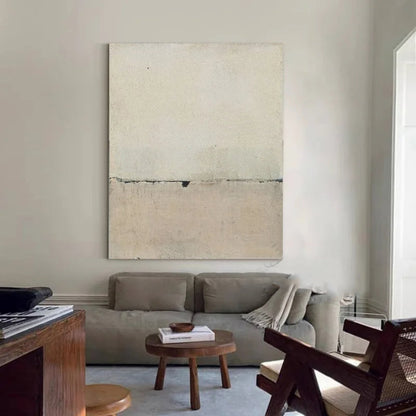 Modern Abstract Hand Painted Beige Black Wall Art | Minimalist Pastel Acrylic Painting On Canvas For Living Room Bedroom Decor