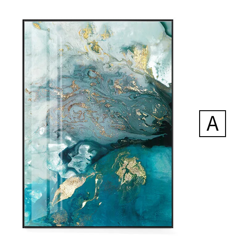 Abstract Aqua Blue Jade Golden Liquid Marble Wall Art Fine Art Canvas Prints For Luxury Living Room Art Decor