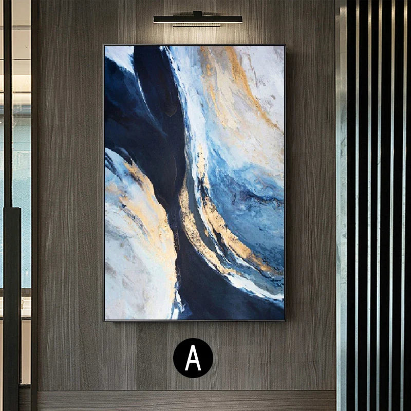 Abstract Blue Golden Marble Wall Art Canvas Prints Modern Poster For Living Room Dining Room Office Wall Decor