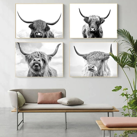 Highland Cattles Black and White Canvas Prints Minimalist Nordic Wall Art Wild Yak Animals Pictures for Modern Living Room Home Décor