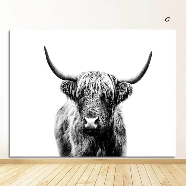 Highland Cattles Black and White Canvas Prints Minimalist Nordic Wall Art Wild Yak Animals Pictures for Modern Living Room Home Décor