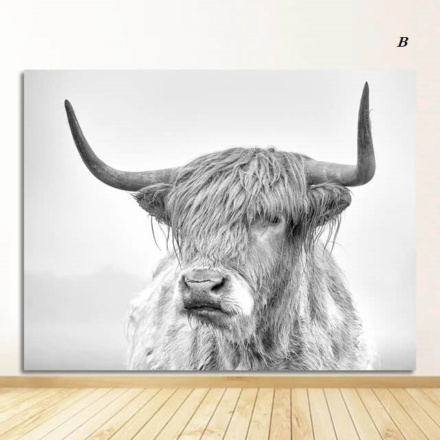 Highland Cattles Black and White Canvas Prints Minimalist Nordic Wall Art Wild Yak Animals Pictures for Modern Living Room Home Décor