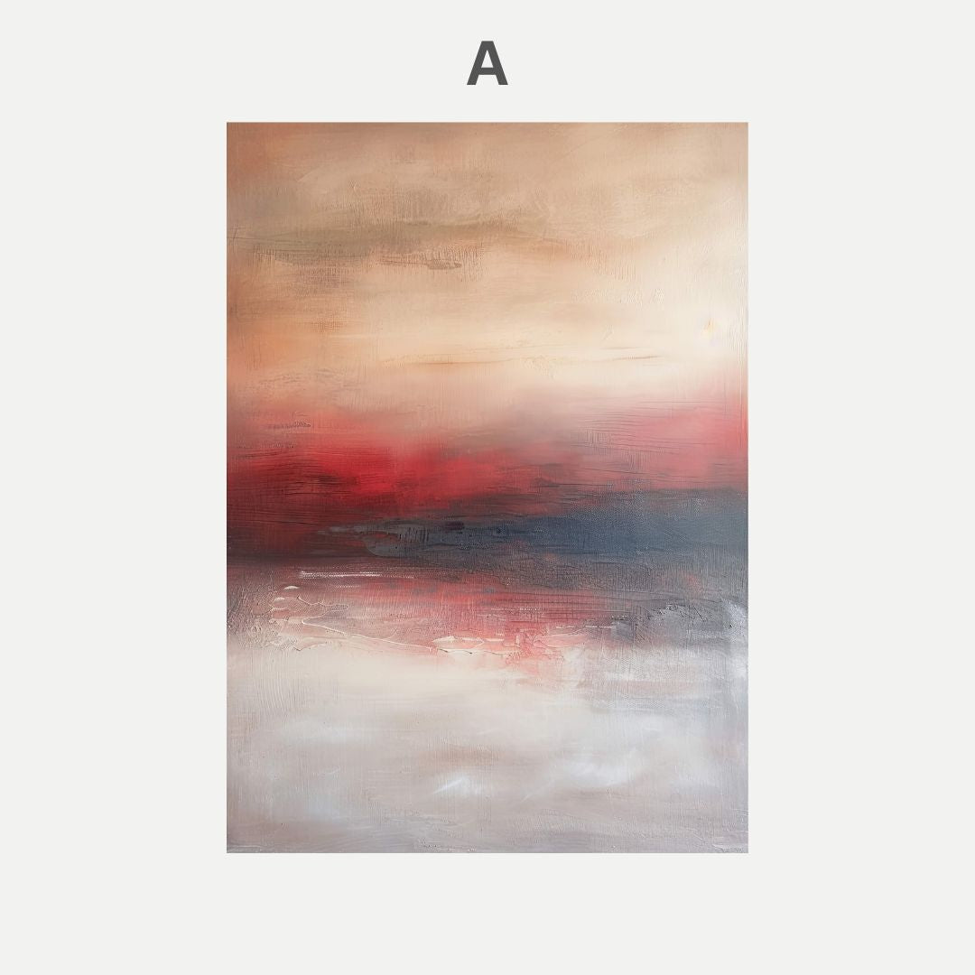Abstract painting with a gradient of red, orange, and beige tones on a white background.