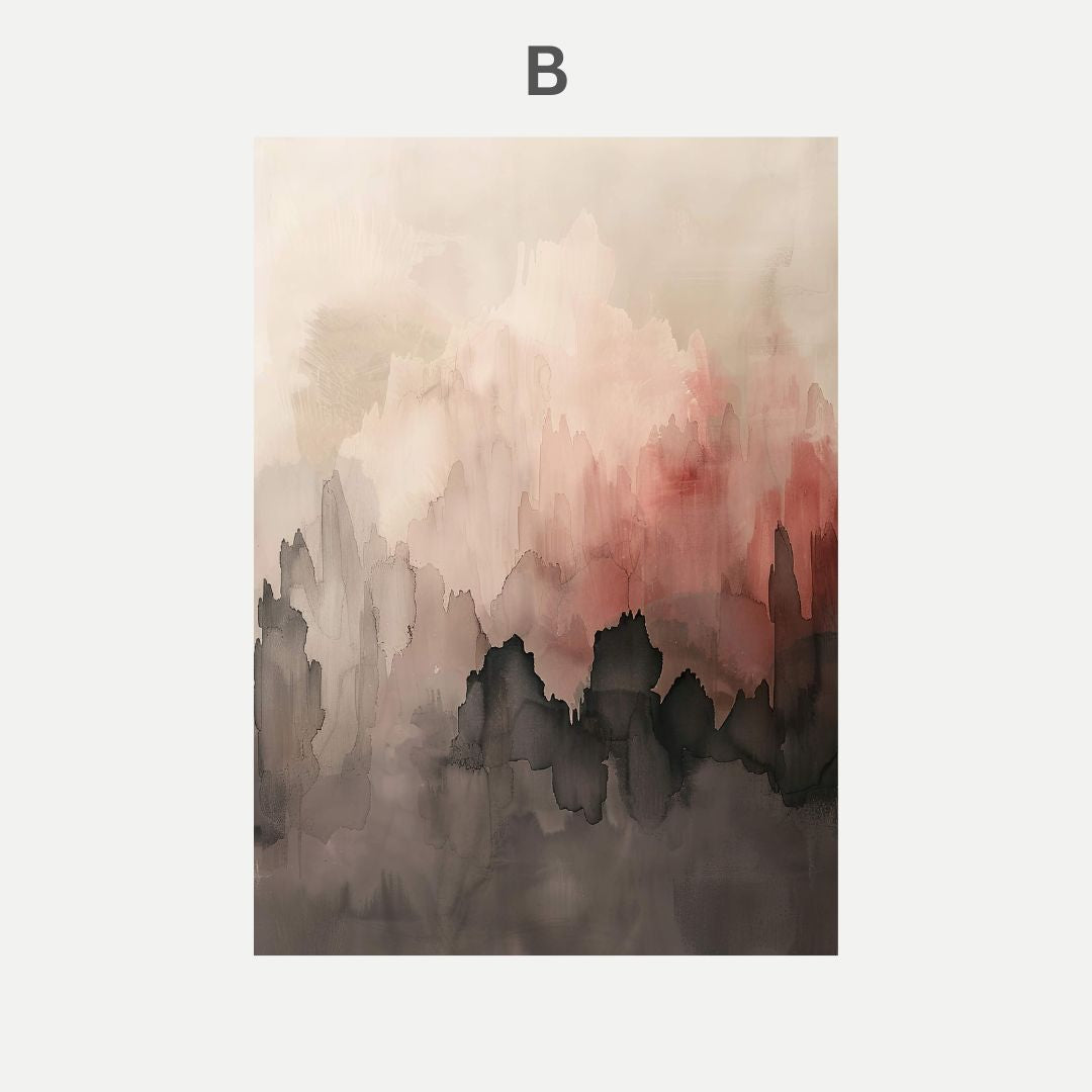 Abstract art piece with soft pink and gray colors on a light gray background