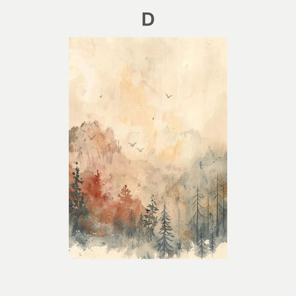 Watercolor painting of a forest with trees and birds in the sky on a beige background.