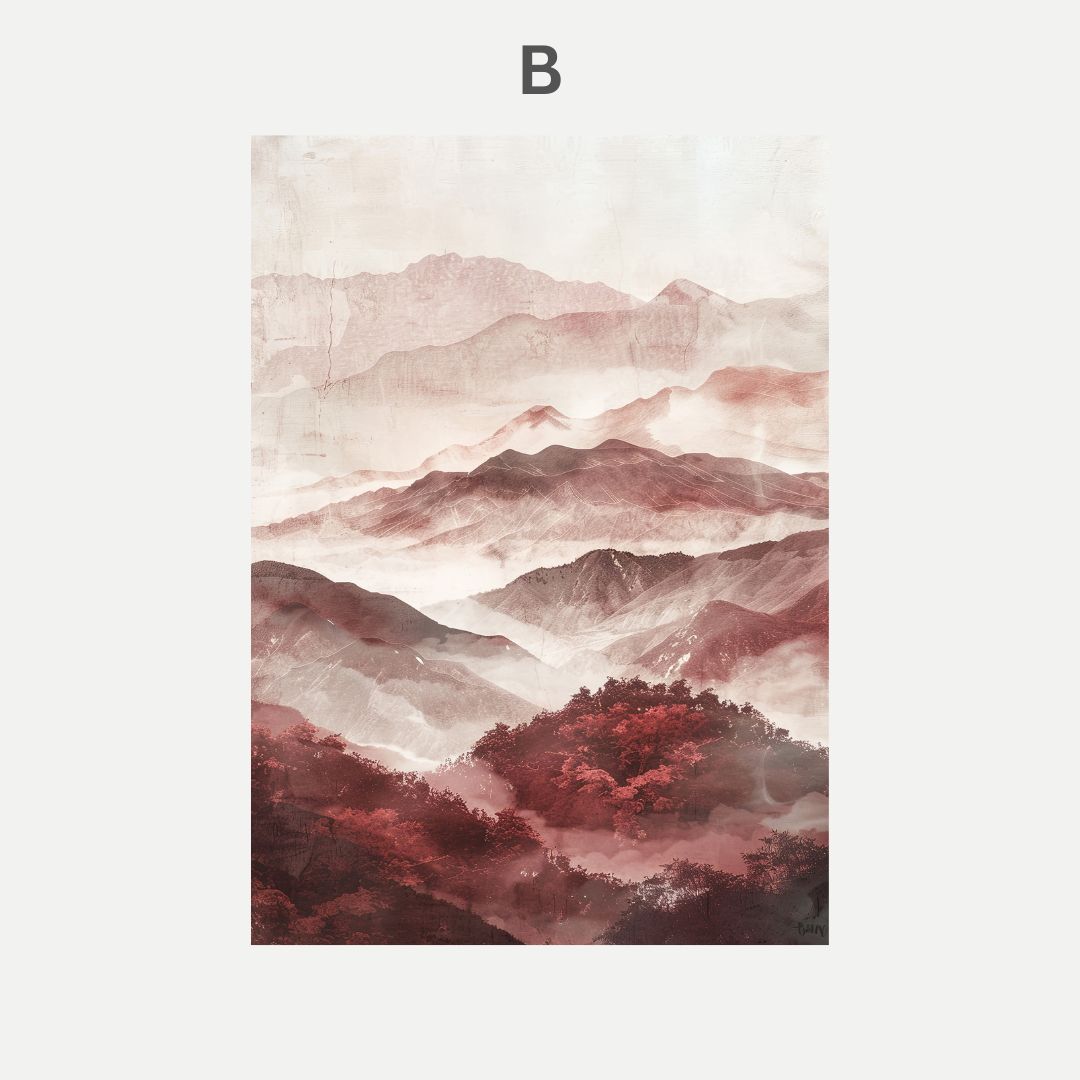 Artistic depiction of mountains with a soft color palette on a light background